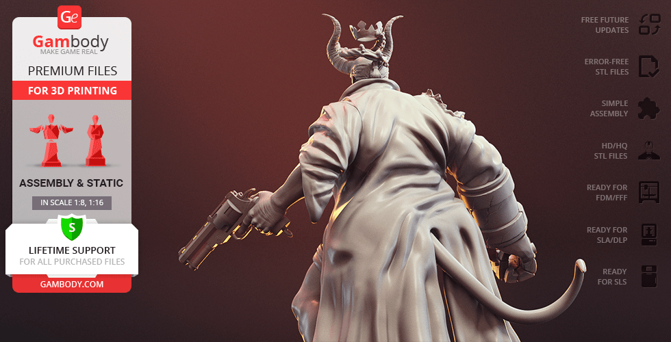 A 3D model of Hellboy with a trench coat, horn stubs, gun, and tail, posed for 3D printing from Gambody.