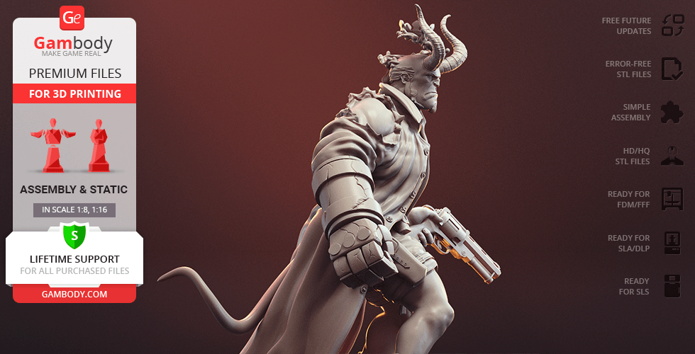 A detailed 3D model of a muscular humanoid with horns, a coat, and a large gun, ready for 3D printing.