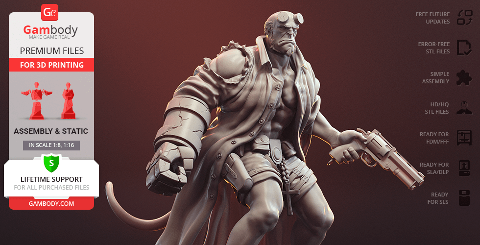 A muscular figure in a dynamic pose with a large gun and a coat, designed for 3D printing by Gambody.