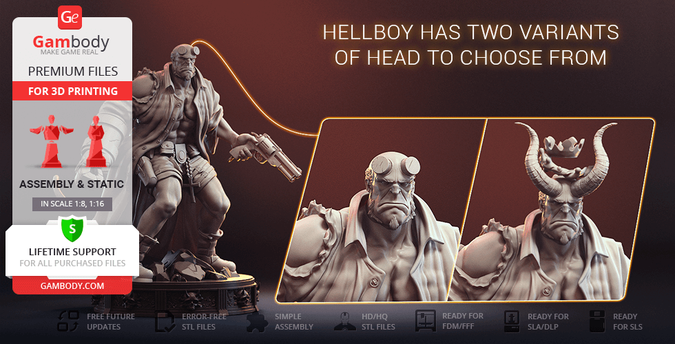 3D model of Hellboy with two head variations for 3D printing, by Gambody.