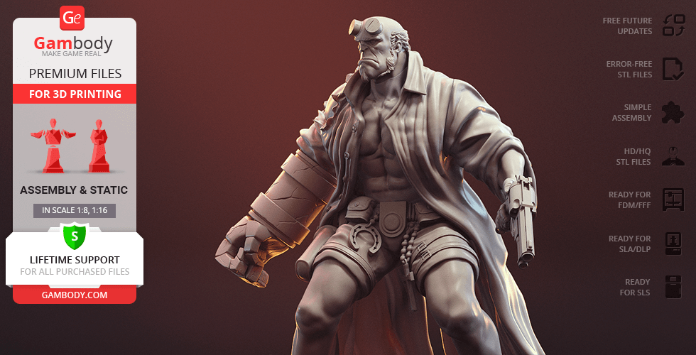 A detailed 3D model of a muscular character in a trench coat, holding a gun and featuring a distinctive right hand.
