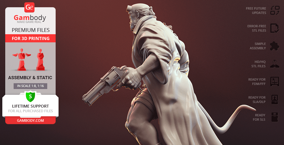 A 3D model of a muscular, trench coat-wearing figure holding a large gun, with a prominent tail.
