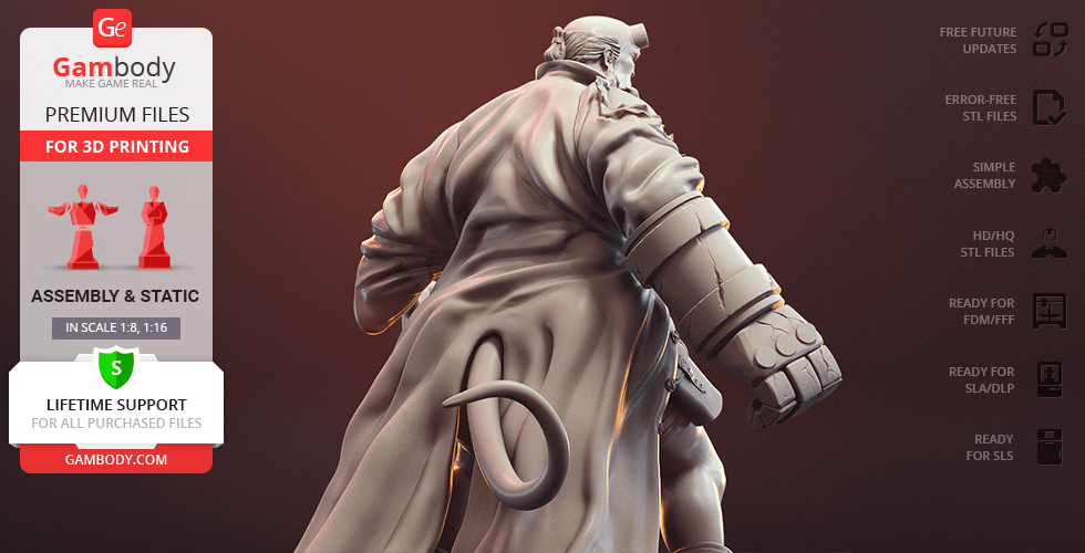 A 3D model of Hellboy, showcasing his tail and trench coat, ready for 3D printing from Gambody.