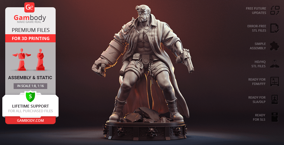 A 3D model of a muscular figure with a long coat, standing on a decorative base, designed for 3D printing.