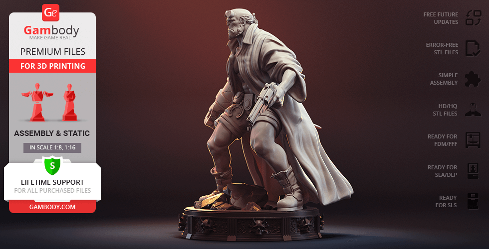 3D model of a muscular figure with a trench coat and large glove, designed for 3D printing.