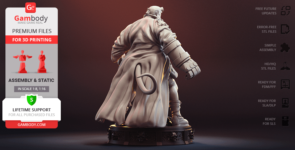 A stylized 3D model of Hellboy in a dynamic pose, showcasing detailed textures and features.