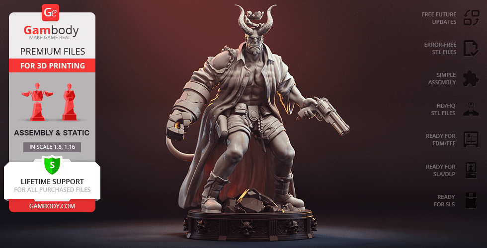 3D model of a horned character holding a gun, wearing a coat, and standing on a detailed base.