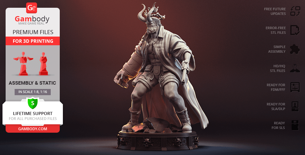 A detailed 3D model of a muscular figure with horns and a trench coat, designed for 3D printing.