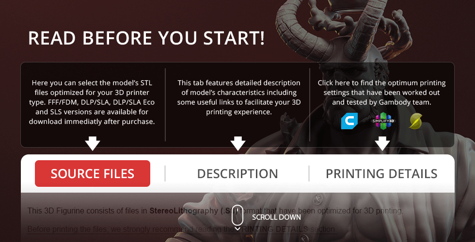 Promotional image for 3D printable Hellboy model, detailing source files, description, and printing settings.