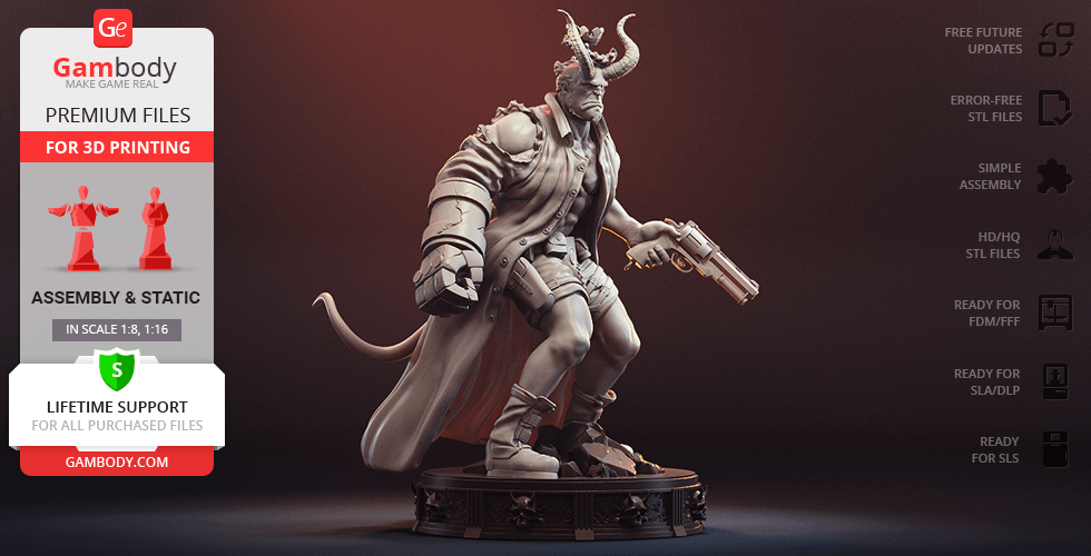A detailed 3D model of a horned character with a trench coat and weapon, posed on a decorative base.