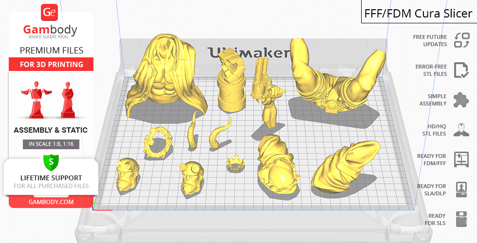 STL files for 3D printing of Hellboy character parts on a virtual Ultimaker print bed.