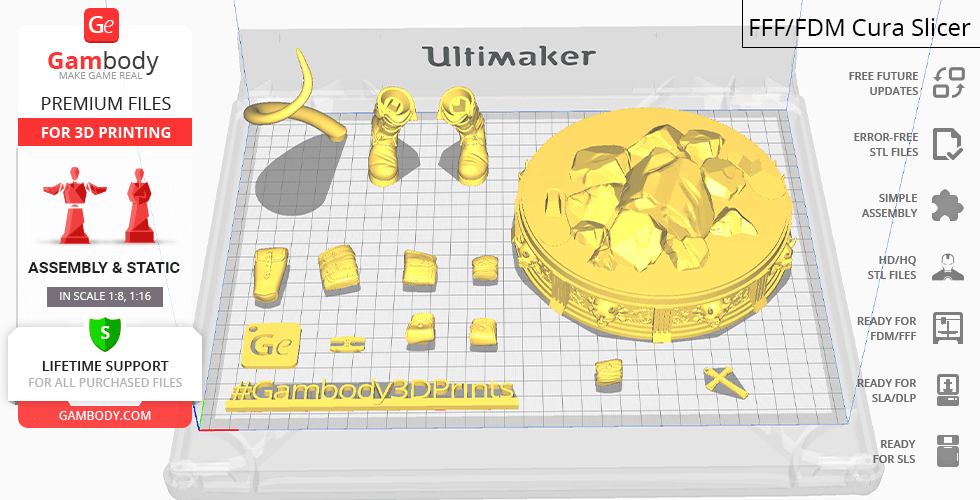 A 3D model of Hellboy parts, displayed for printing on a Cura slicer.