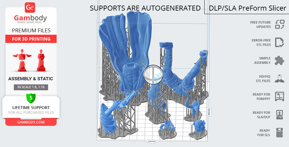 A 3D model of a muscular figure in parts, with supports, prepared for 3D printing using PreForm Slicer.