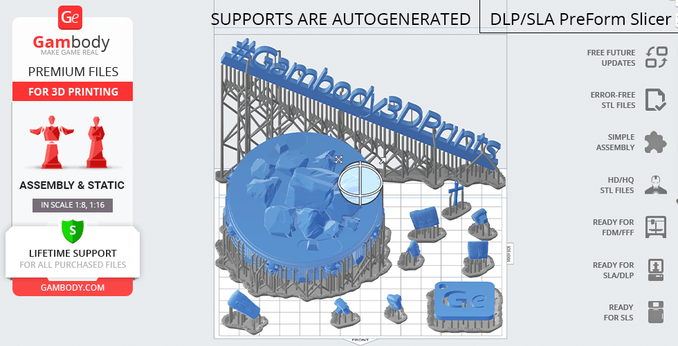 3D printed Hellboy figure on a base with autogenerated supports, titled 'Gambody 3D Prints'.
