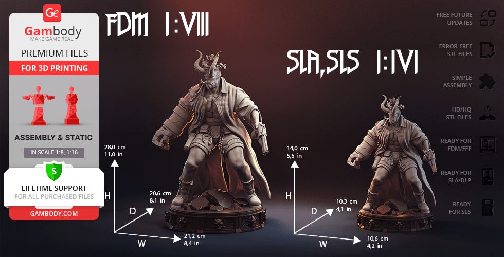 A detailed 3D model of Hellboy with horns, trench coat, and base, available for 3D printing from Gambody.