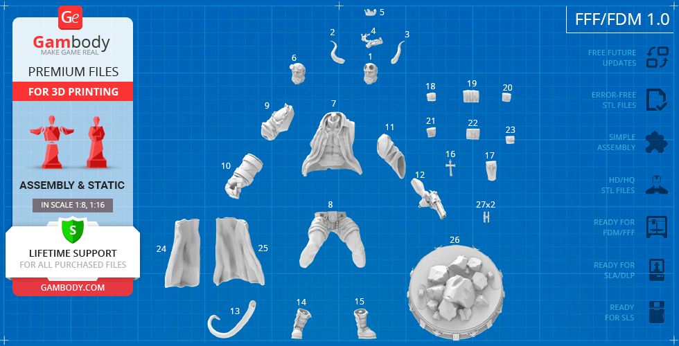 Layout of Hellboy 3D model parts for printing, including limbs, torso, and accessories on a blue grid.