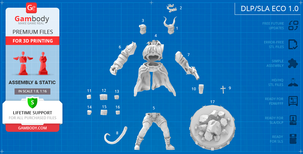 STL files for Hellboy 3D printing showcasing various parts on a blue grid background.