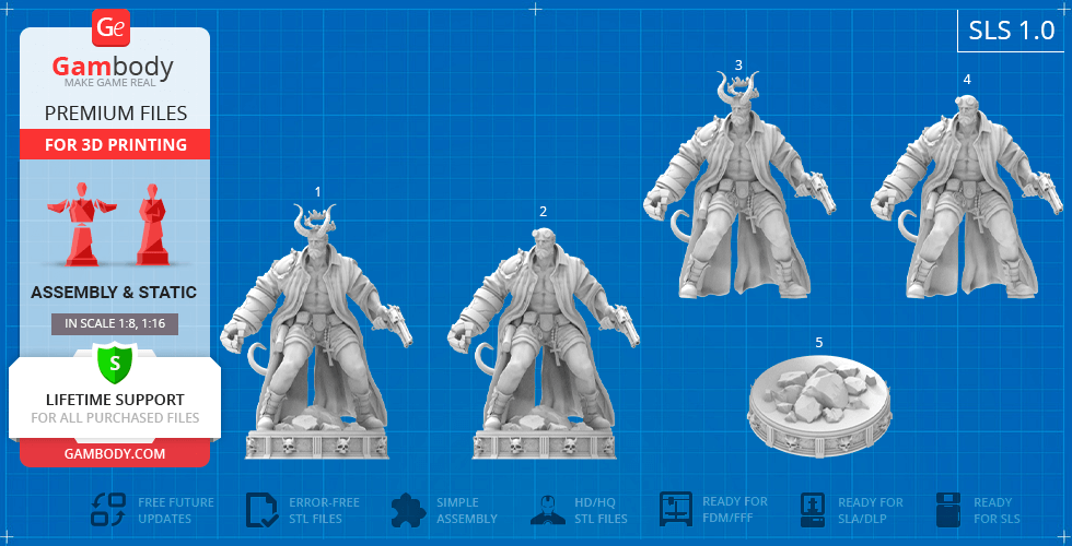 A detailed 3D model of a horned character with a coat and accessories, displayed in various poses for printing.
