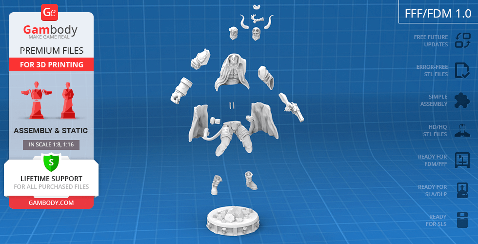 Exploded view of a Hellboy 3D model kit for printing, showing separate body parts and assembly instructions.