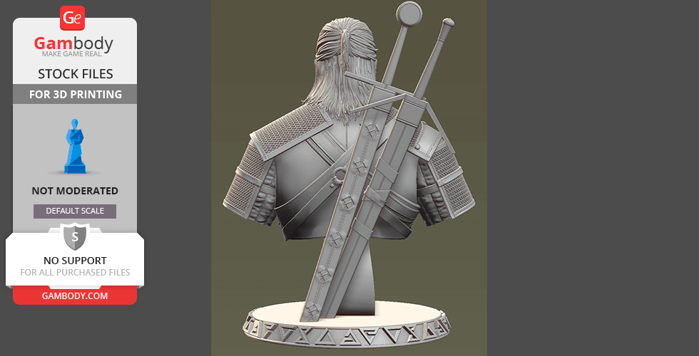 3D bust of a character with long hair, dual swords on back, detailed armor, on a round base.