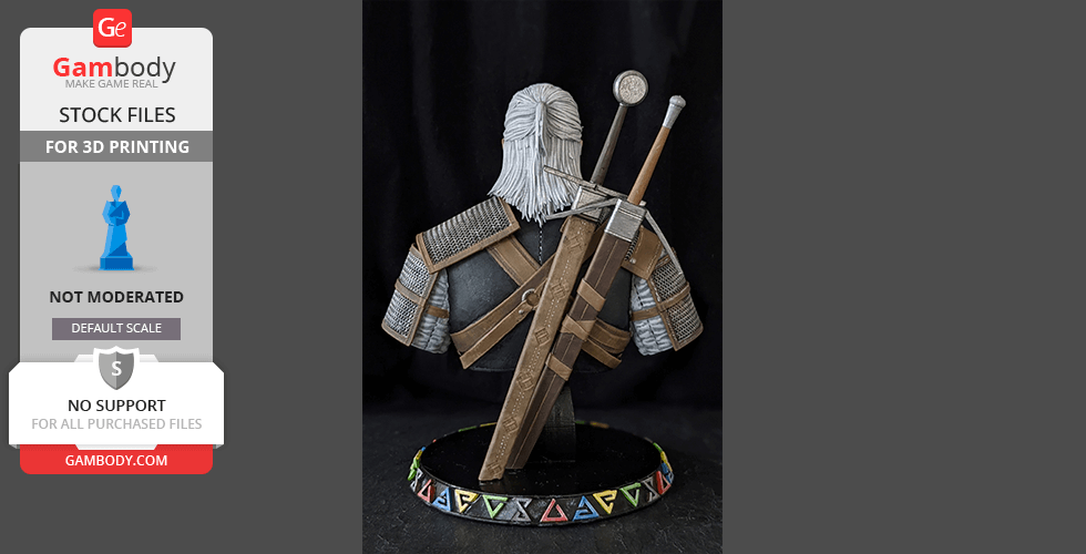3D printed bust of a character with white hair, armor, and swords on the back.