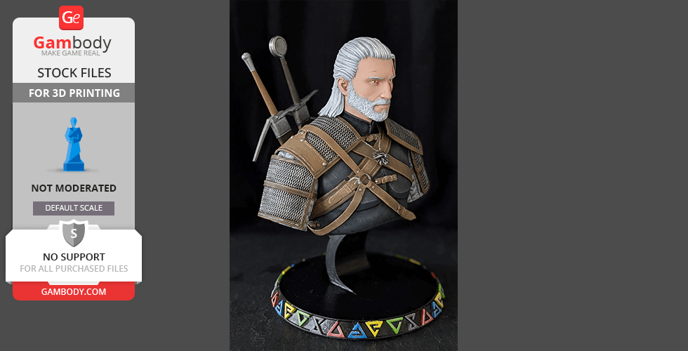 3D printed bust of a male warrior with white hair, beard, and armor, displayed on a decorative base.