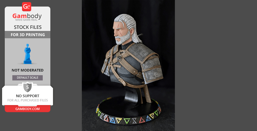 3D printed bust of a fantasy warrior with white hair, detailed armor, on a decorated round base.
