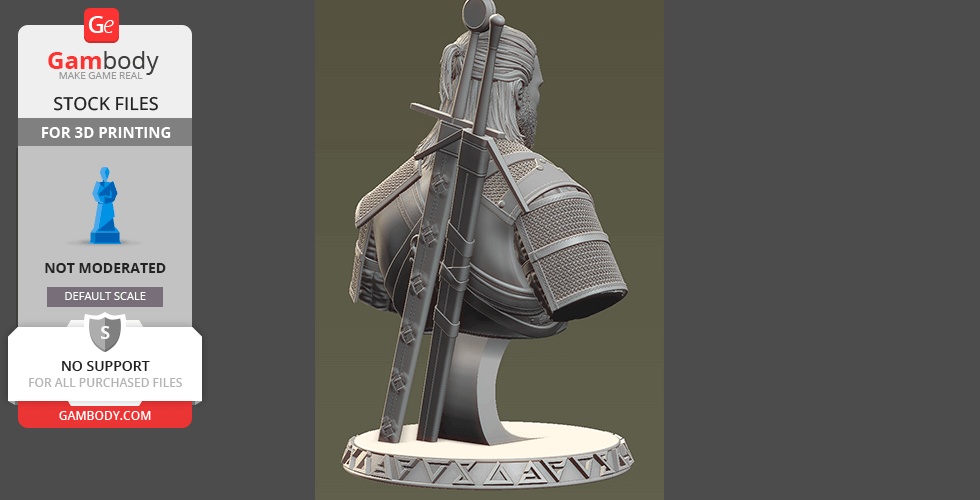 A detailed 3D bust of a warrior with swords on his back, mounted on a decorative base.