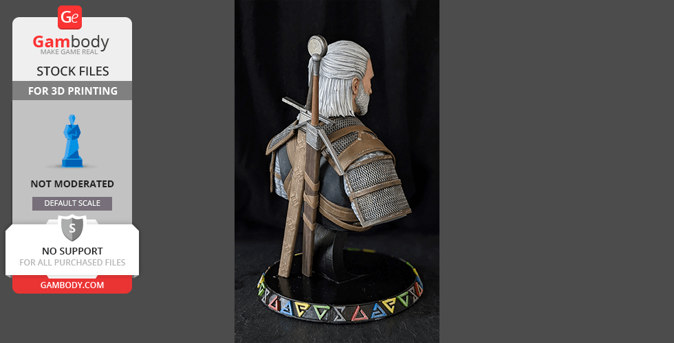 3D printed bust of a warrior with white hair, armor, and a sword on a decorative base.