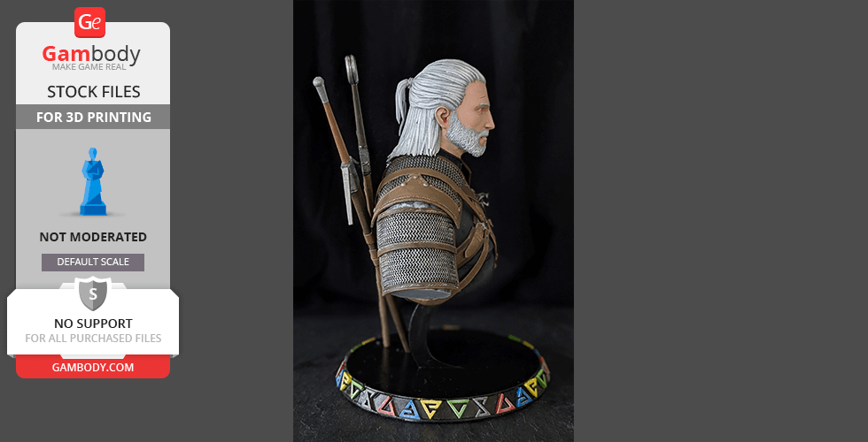 A detailed 3D printed bust of a character with white hair and armor, displayed on a decorative base.