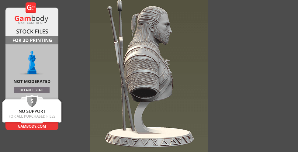 A detailed 3D bust of a warrior with long hair, armor, and swords on his back, ready for 3D printing.