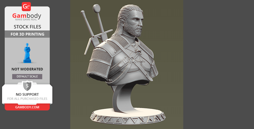 3D-printed bust of a warrior with armor and twin swords on his back, displayed on a stand.