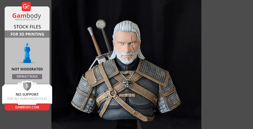 3D printed bust of a bearded warrior with a scar and grey hair, wearing armor and a wolf medallion.