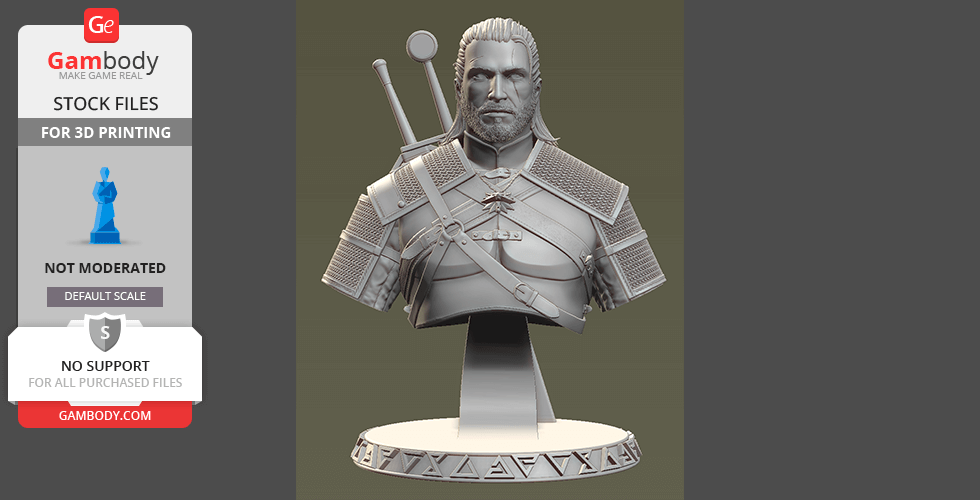 A detailed 3D bust of a warrior with a beard and long hair, wearing armor, displayed on a decorative stand.