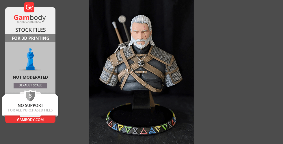 3D printed bust of a white-haired warrior in armor, mounted on a black base with rune symbols.