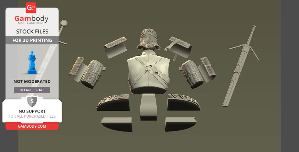 3D model parts for assembling a bust, including head, shoulders, sword, and armor pieces.