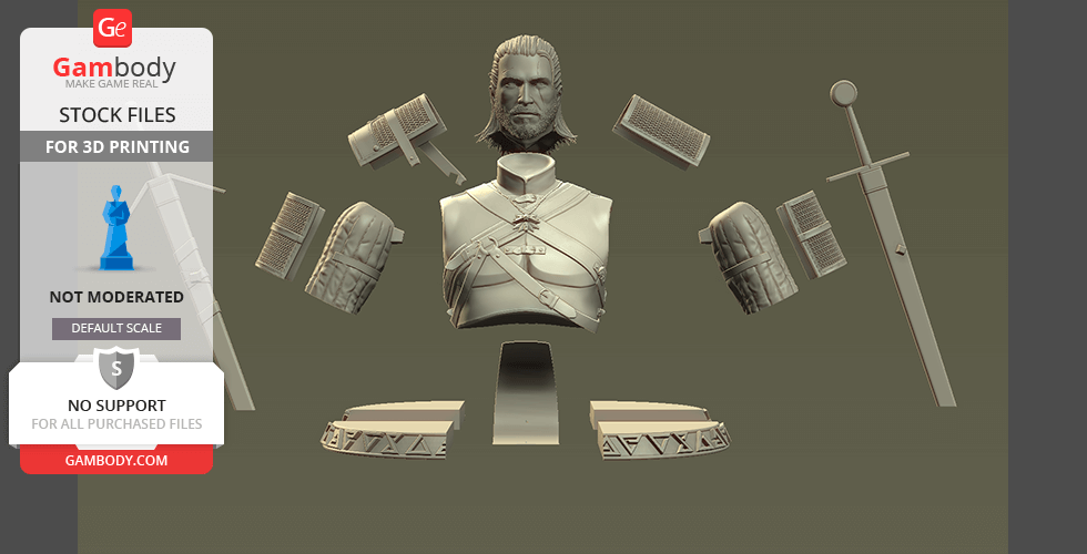 3D printing parts for a detailed bust model of a character, with armor pieces and a sword.