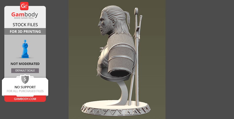 A detailed 3D bust of a fantasy character with long hair and armor, designed for 3D printing.