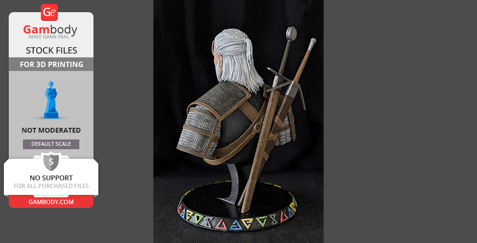A detailed 3D bust of a character with long white hair, armor, and swords, designed for 3D printing.
