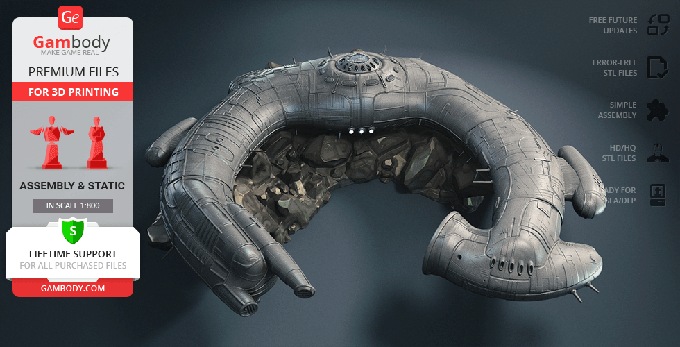 Futuristic spaceship model for 3D printing with a smooth, curved design and intricate surface details.