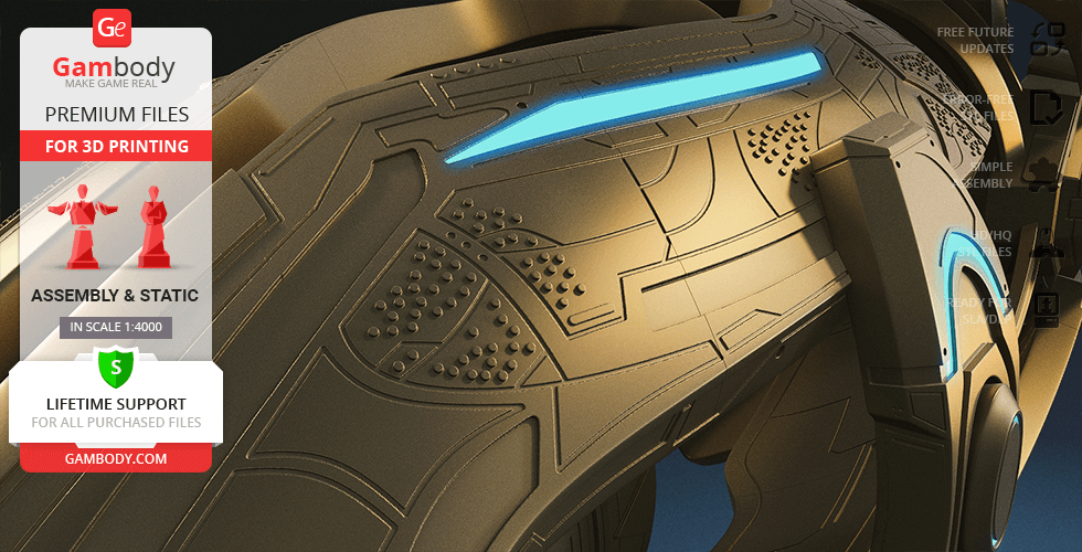 Futuristic 3D printed spacecraft model with intricate details and blue accents, promotional Gambody text.