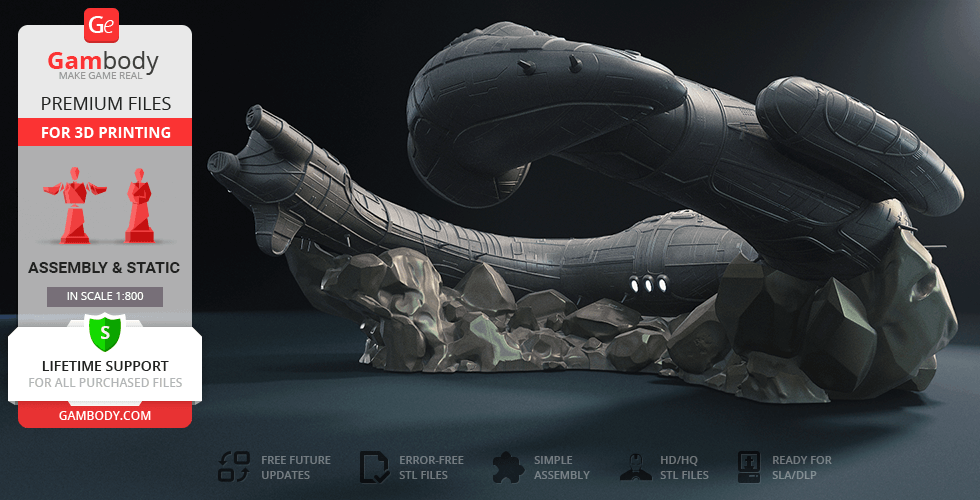 A 3D model of a detailed, futuristic spaceship on rocky terrain, showcased for 3D printing by Gambody.