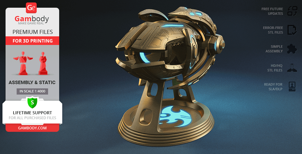A detailed 3D model of a futuristic spaceship with blue accents on a circular stand for printing.