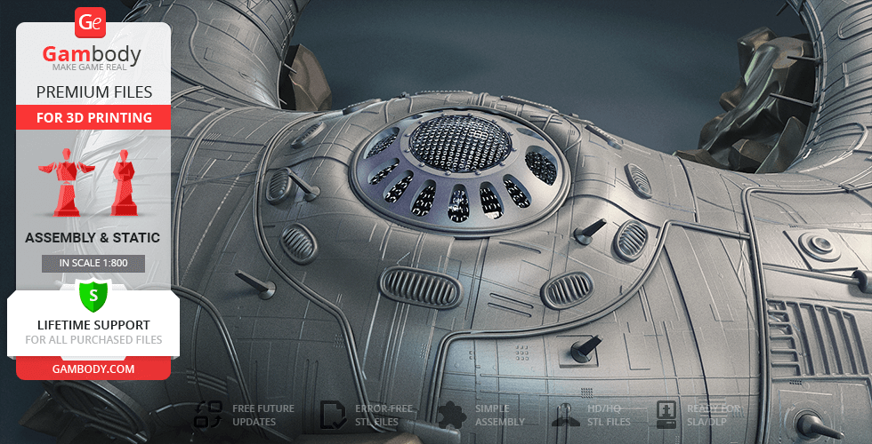 Detailed close-up of a futuristic spaceship model with intricate surface details for 3D printing.