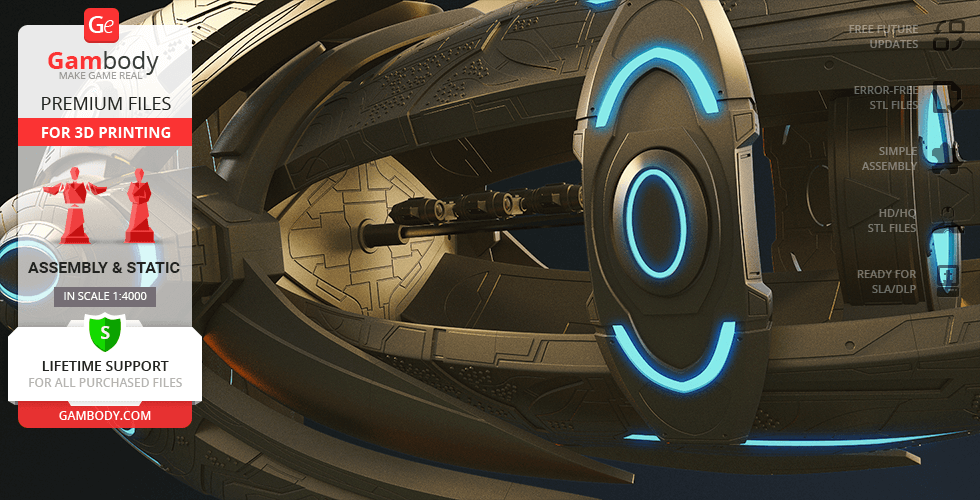 Futuristic spacecraft model with glowing blue accents, promotional graphics for 3D printing files.