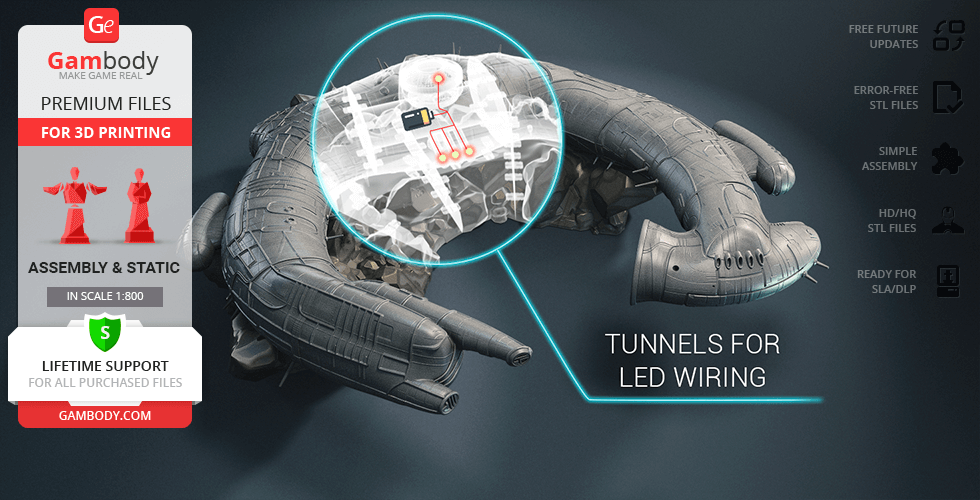 A 3D model of a sci-fi carrier with LED wiring tunnels, surrounded by product details and features.