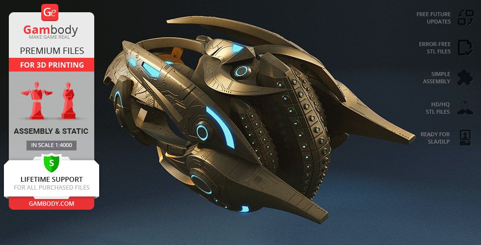 A detailed 3D model of a sci-fi spaceship with glowing blue accents, ready for 3D printing.