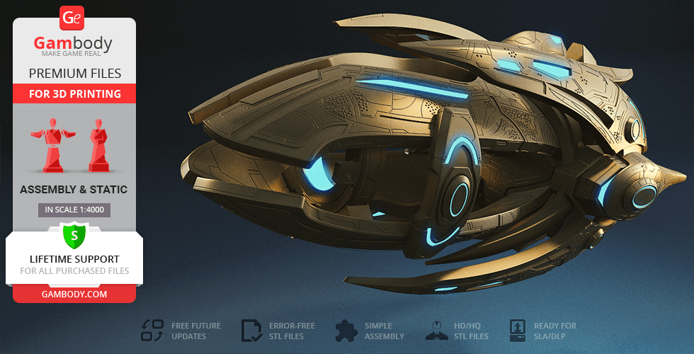 A detailed 3D model of a Protoss Carrier with glowing blue accents, suitable for 3D printing.