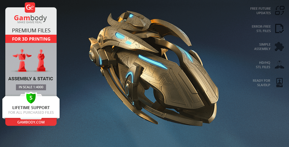 Futuristic spaceship model in dark metallic tones with blue accents, ready for 3D printing.