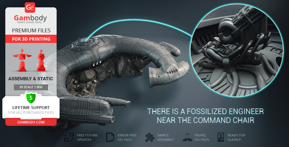 Futuristic spacecraft model with detailed fossilized engineer in command chair for 3D printing.